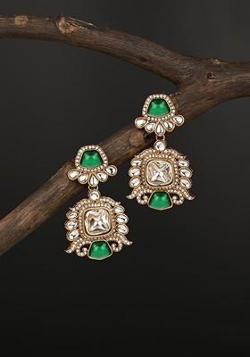 Gold Plated Kundan Studded Contemporary Drop Earrings