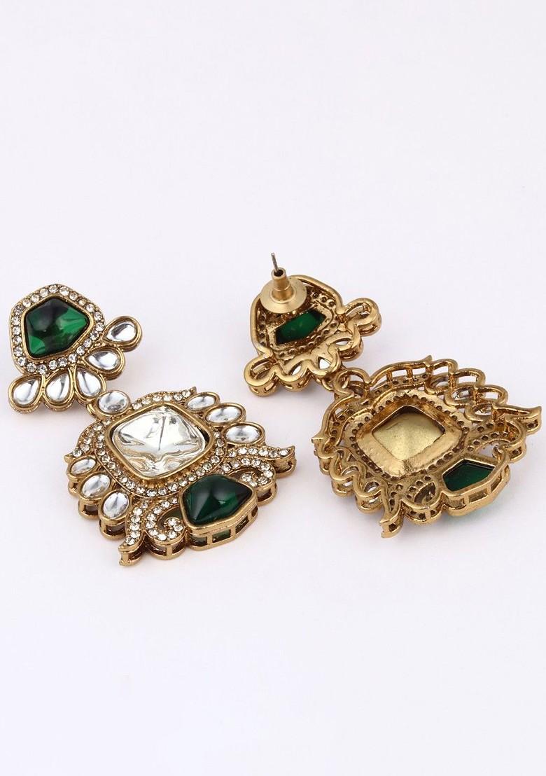 Gold Plated Kundan Studded Contemporary Drop Earrings