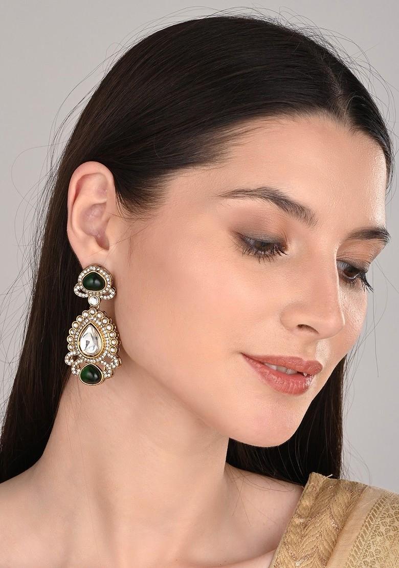 Gold Plated Kundan Studded Contemporary Drop Earrings