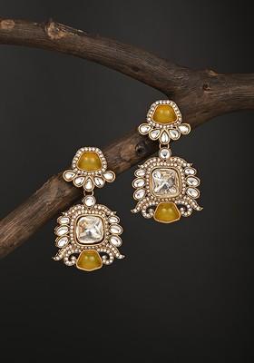 Gold Plated Kundan Studded Contemporary Drop Earrings