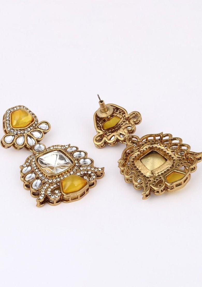 Gold Plated Kundan Studded Contemporary Drop Earrings