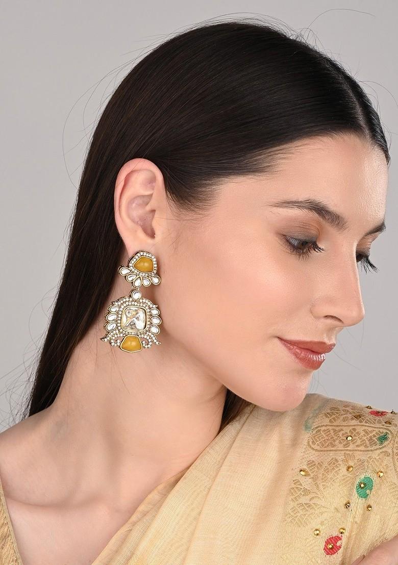 Gold Plated Kundan Studded Contemporary Drop Earrings