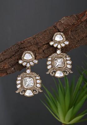 Gold Plated Kundan Studded Square Drop Earrings