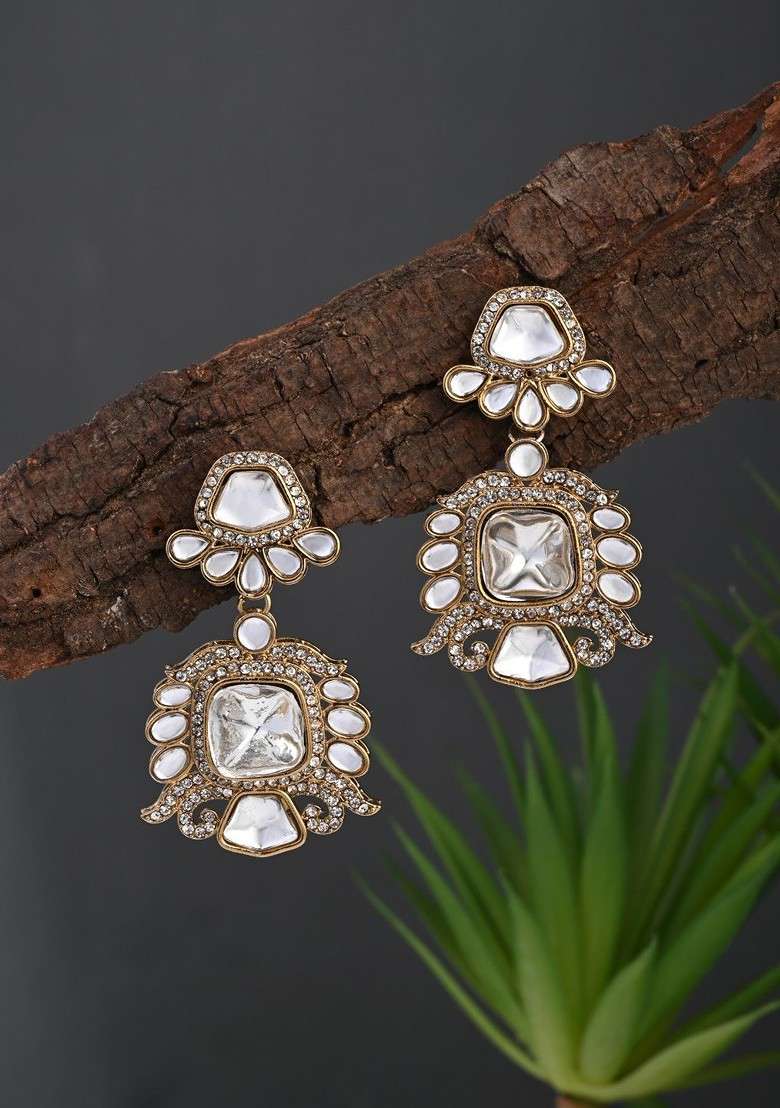 Gold Plated Kundan Studded Square Drop Earrings - Indya