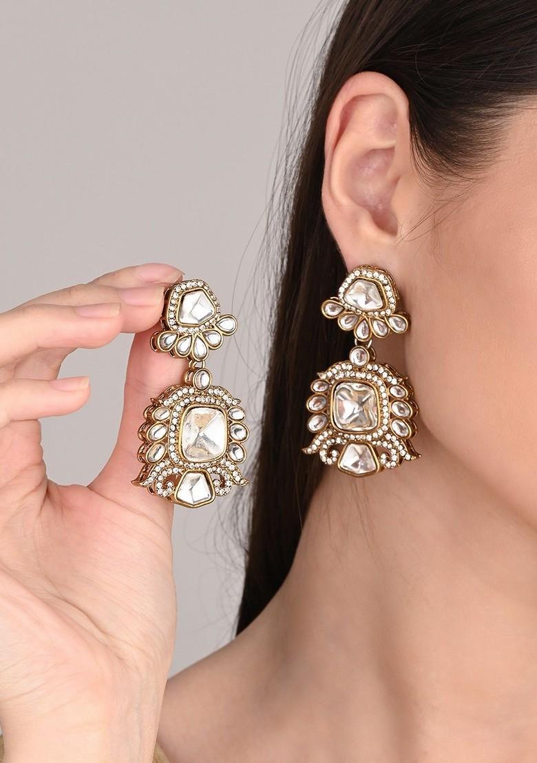 Gold Plated Kundan Studded Square Drop Earrings