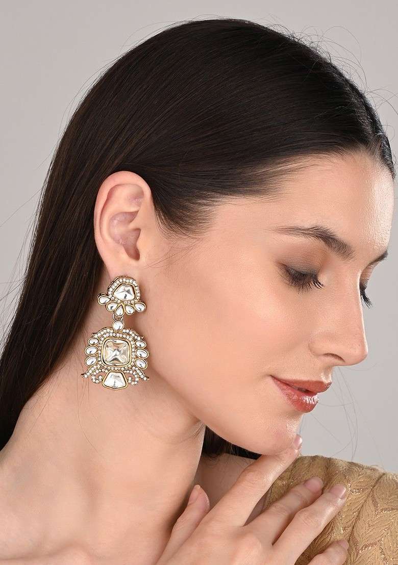 Gold Plated Kundan Studded Square Drop Earrings - Indya