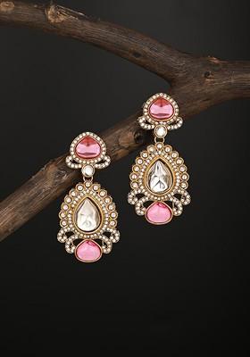 Gold Plated Kundan Studded Teardrop Shaped Drop Earrings