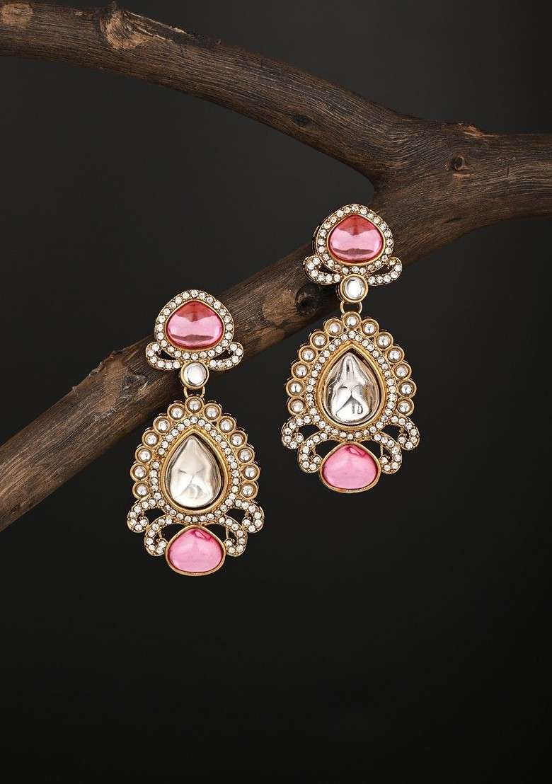 Gold Plated Kundan Studded Teardrop Shaped Drop Earrings - Indya