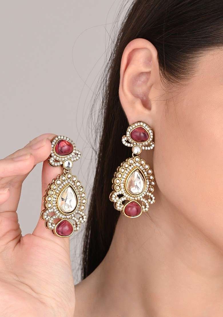 Gold Plated Kundan Studded Teardrop Shaped Drop Earrings - Indya
