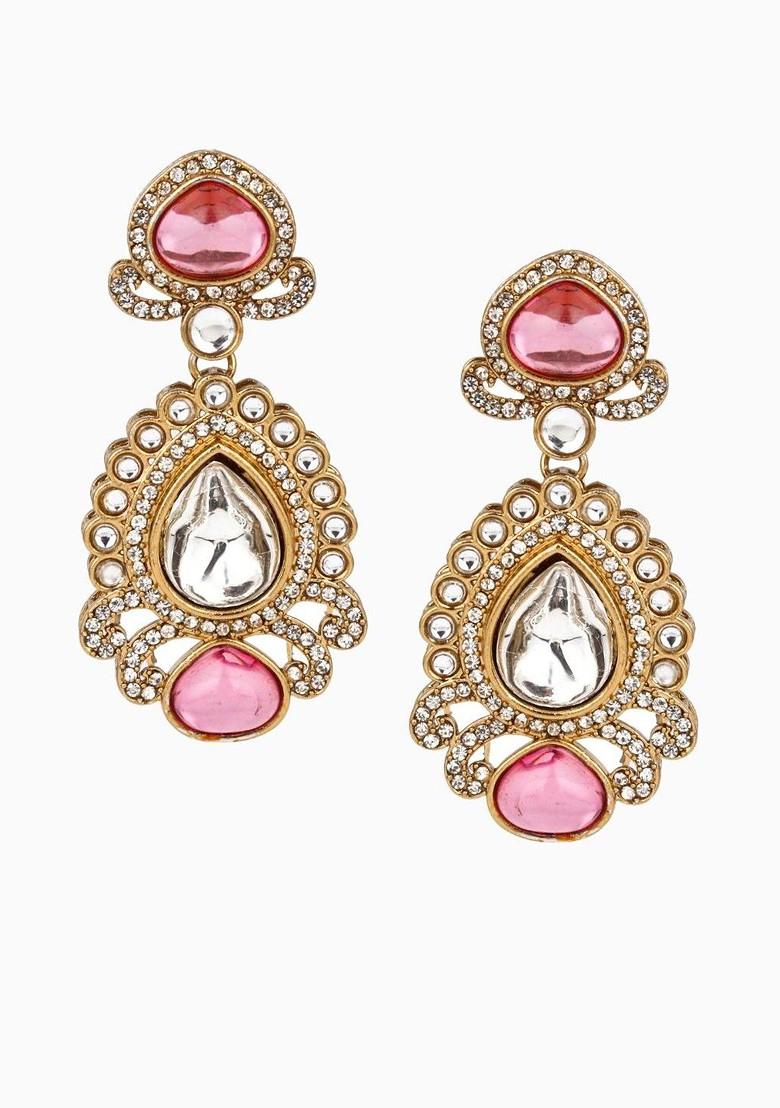 Gold Plated Kundan Studded Teardrop Shaped Drop Earrings