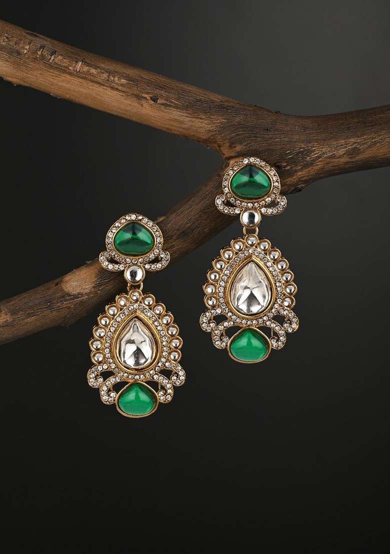 Gold Plated Kundan Studded Contemporary Drop Earrings - Indya