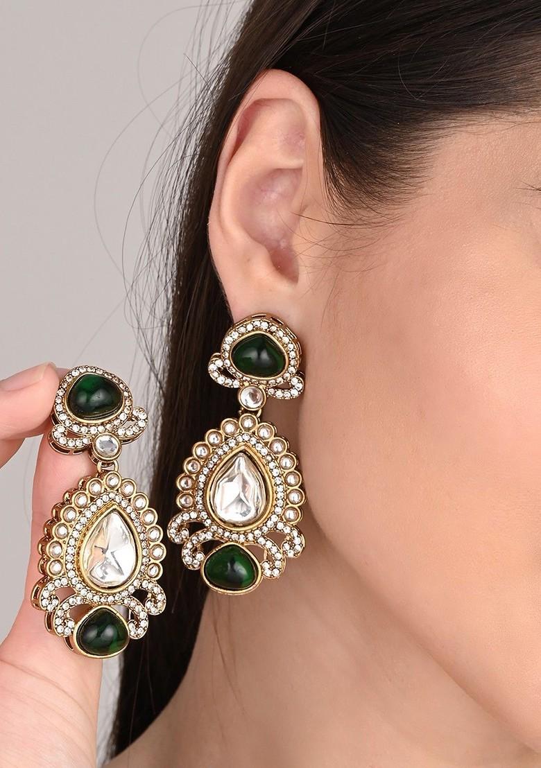 Gold Plated Kundan Studded Contemporary Drop Earrings