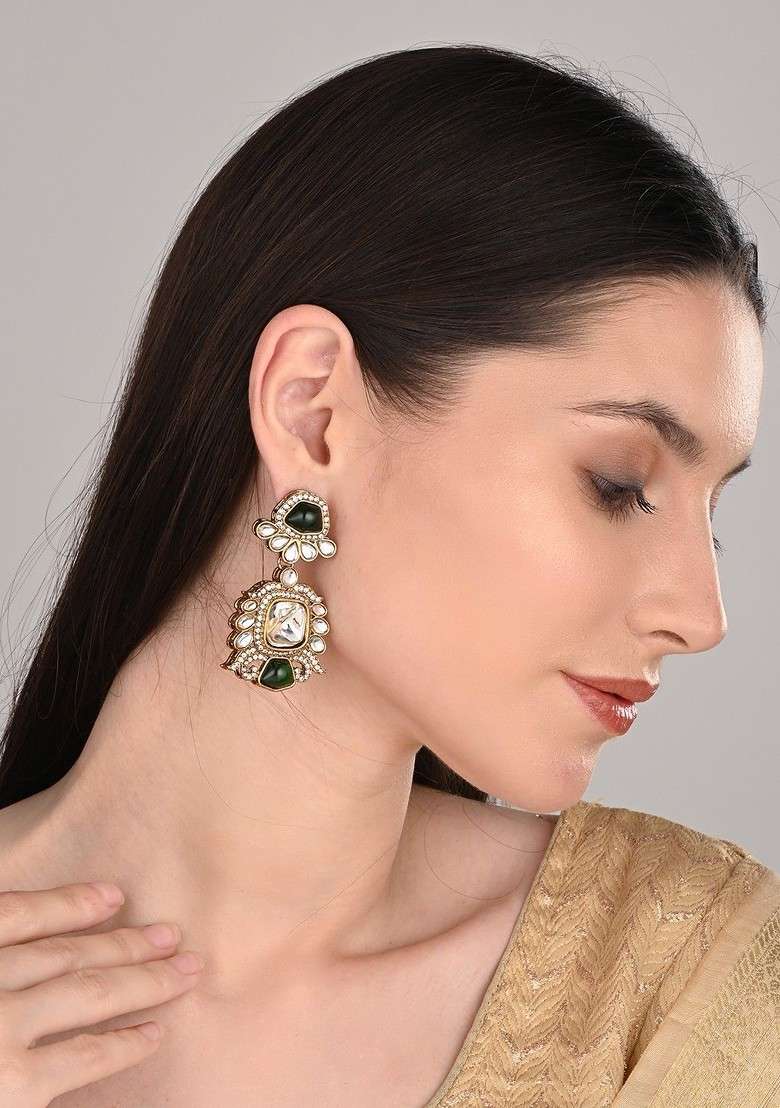 Gold Plated Kundan Studded Contemporary Drop Earrings - Indya