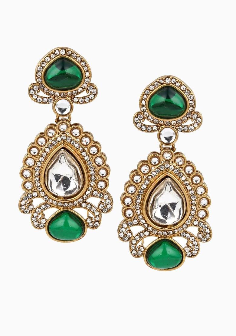 Gold Plated Kundan Studded Contemporary Drop Earrings