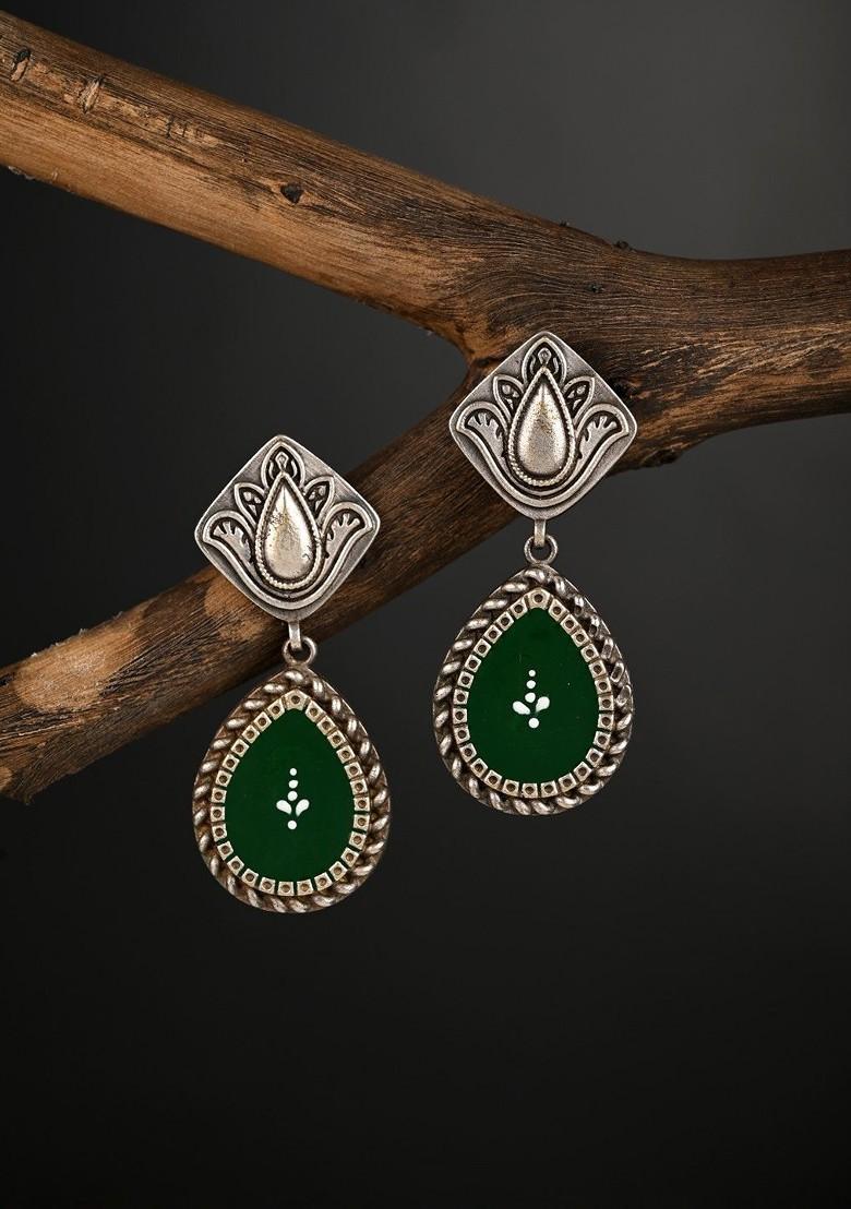 Silver Plated Teardrop Shaped Oxidised Drop Earrings