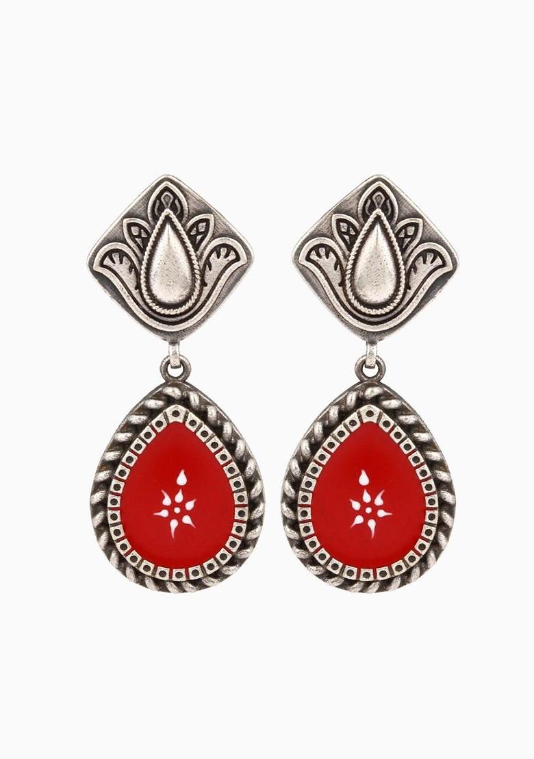 Silver Plated Teardrop Shaped Oxidised Drop Earrings