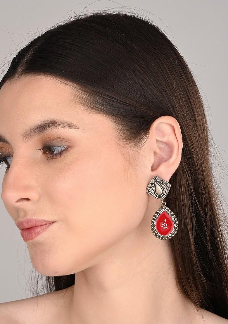 Silver Plated Teardrop Shaped Oxidised Drop Earrings