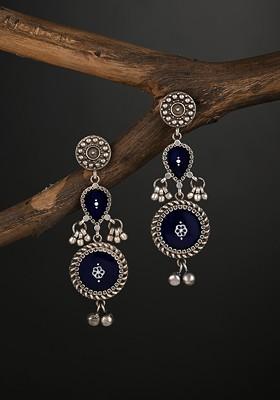 Silver Plated Circular Shaped Oxidised Drop Earrings