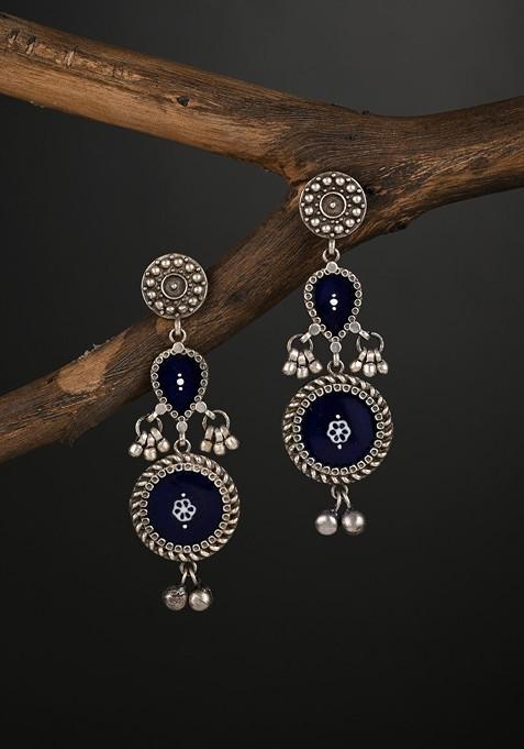 Silver Plated Circular Shaped Oxidised Drop Earrings