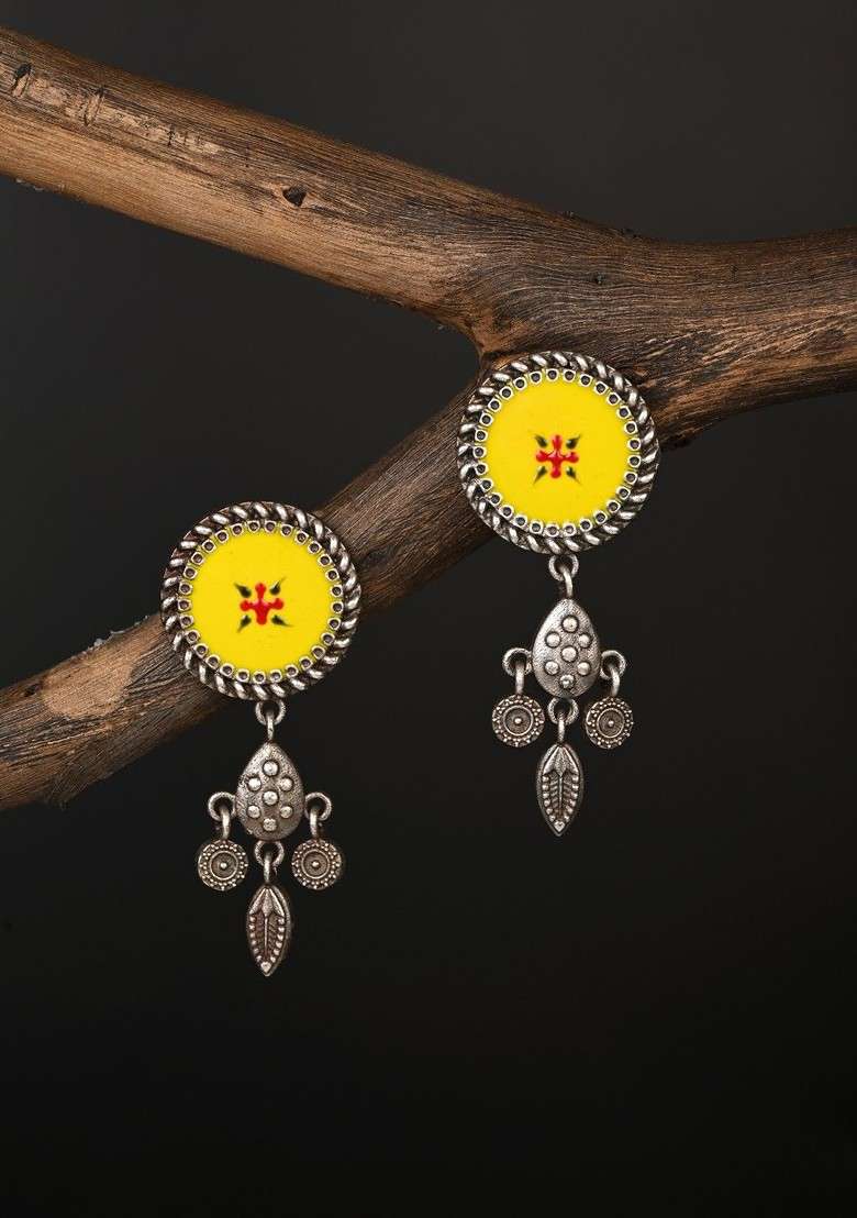 Silver Plated Circular Shaped Oxidised Drop Earrings - Indya