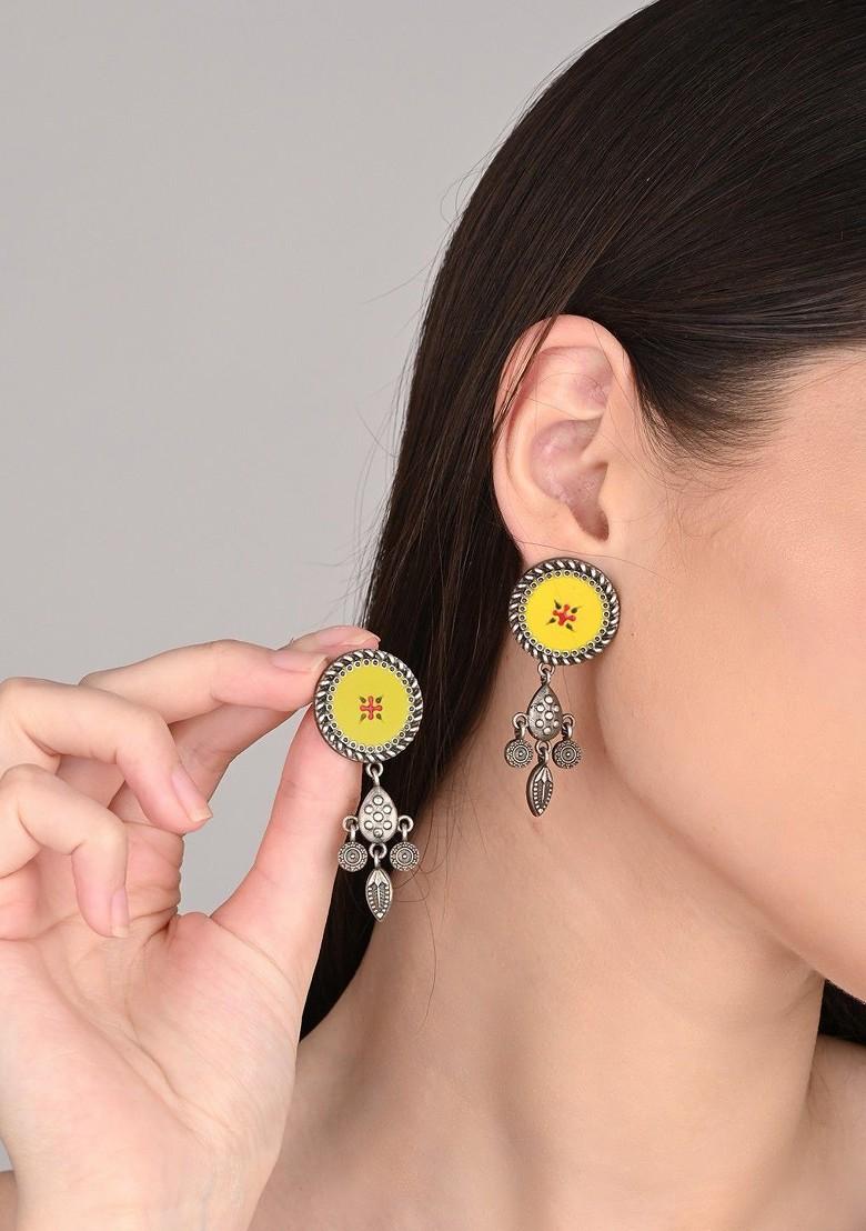 Silver Plated Circular Shaped Oxidised Drop Earrings