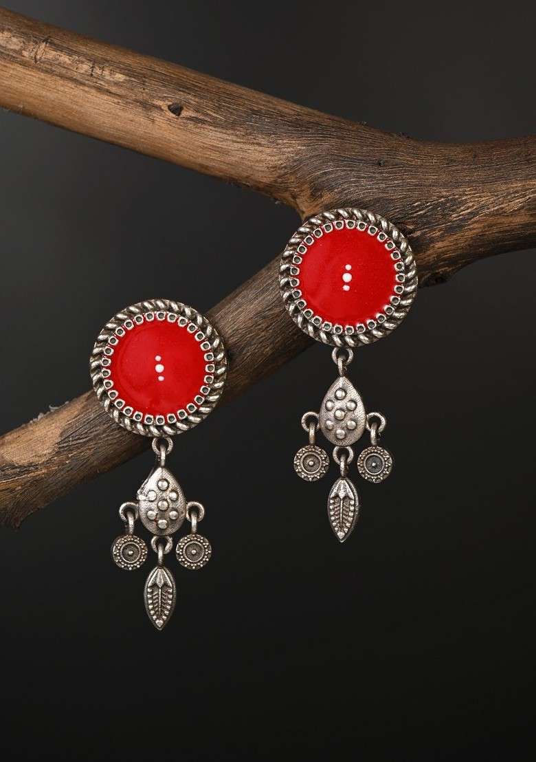 Silver Plated Circular Shaped Oxidised Drop Earrings - Indya