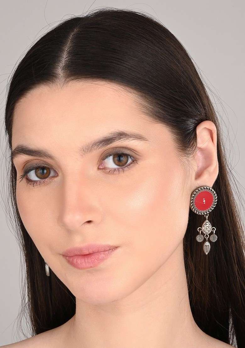 Silver Plated Circular Shaped Oxidised Drop Earrings - Indya
