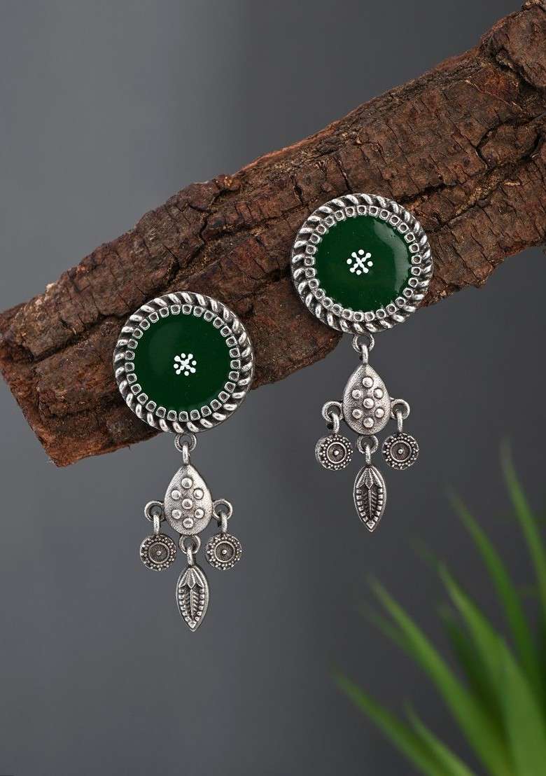 Silver Plated Circular Shaped Oxidised Drop Earrings - Indya