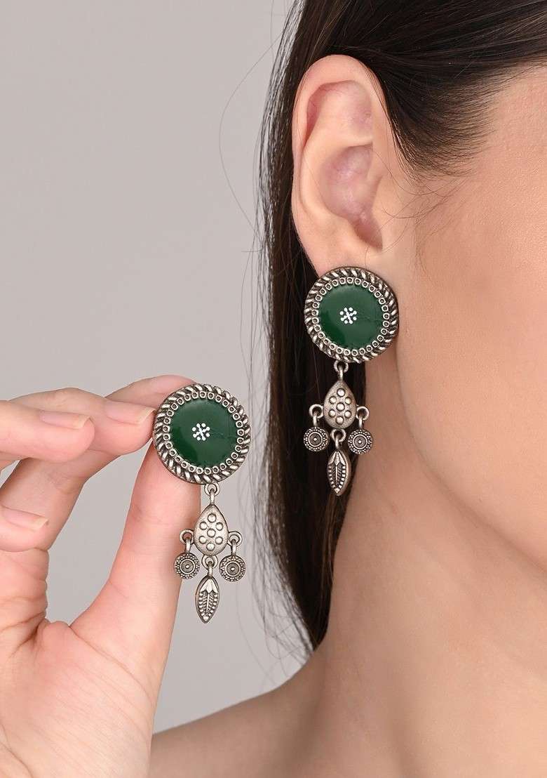 Silver Plated Circular Shaped Oxidised Drop Earrings - Indya