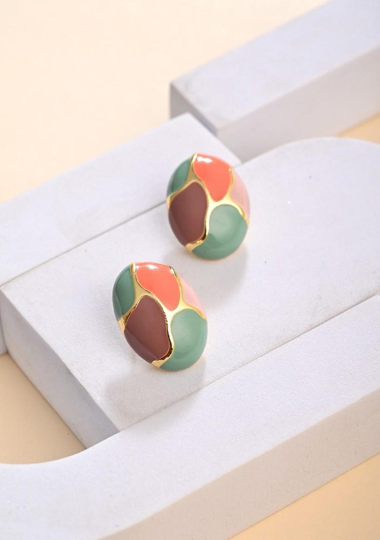 Gold Plated Marble Enamelled Oval Drop Earrings