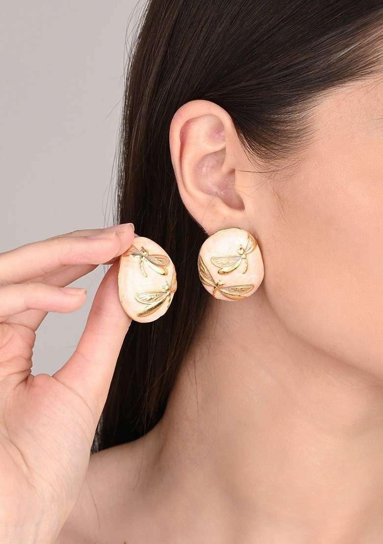 Gold Plated Enamelled Oval Drop Earrings - Indya