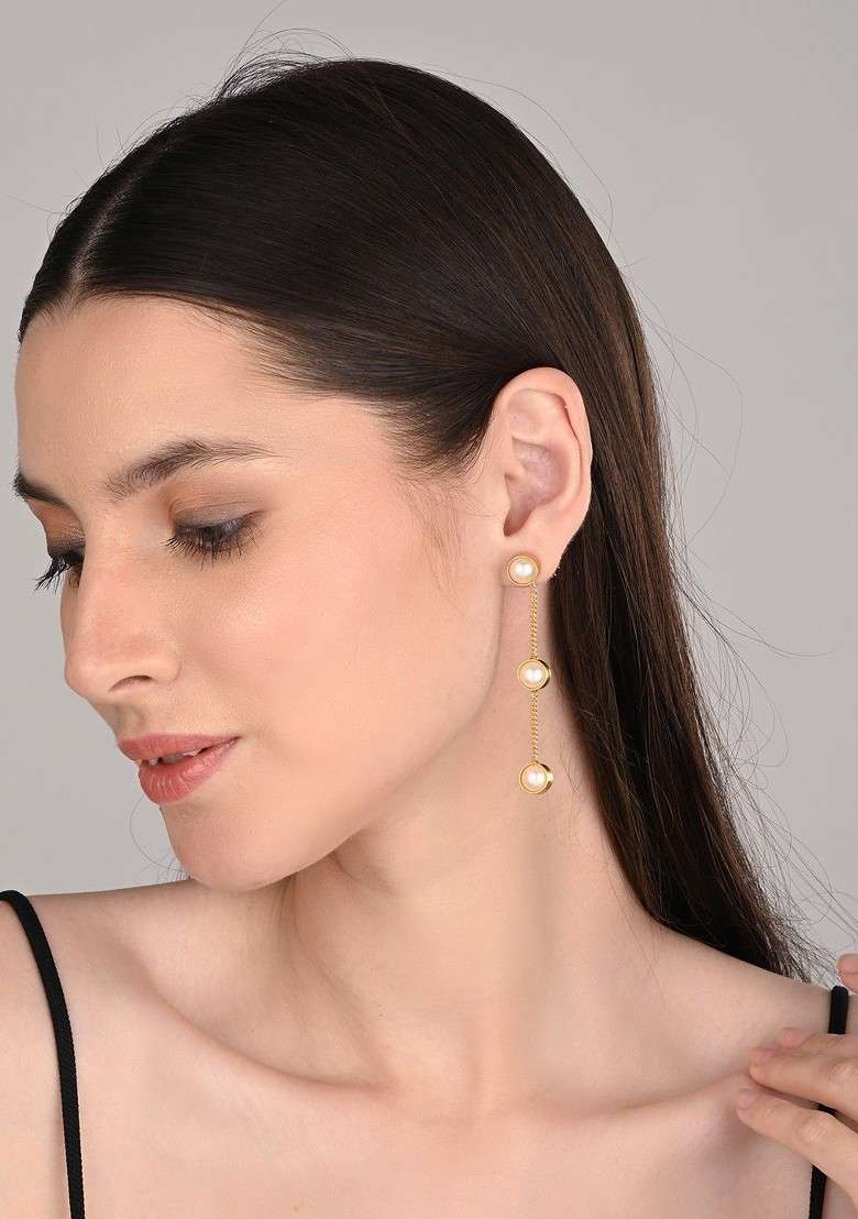 Gold Plated Pearls Beaded Circular Drop Earrings - Indya