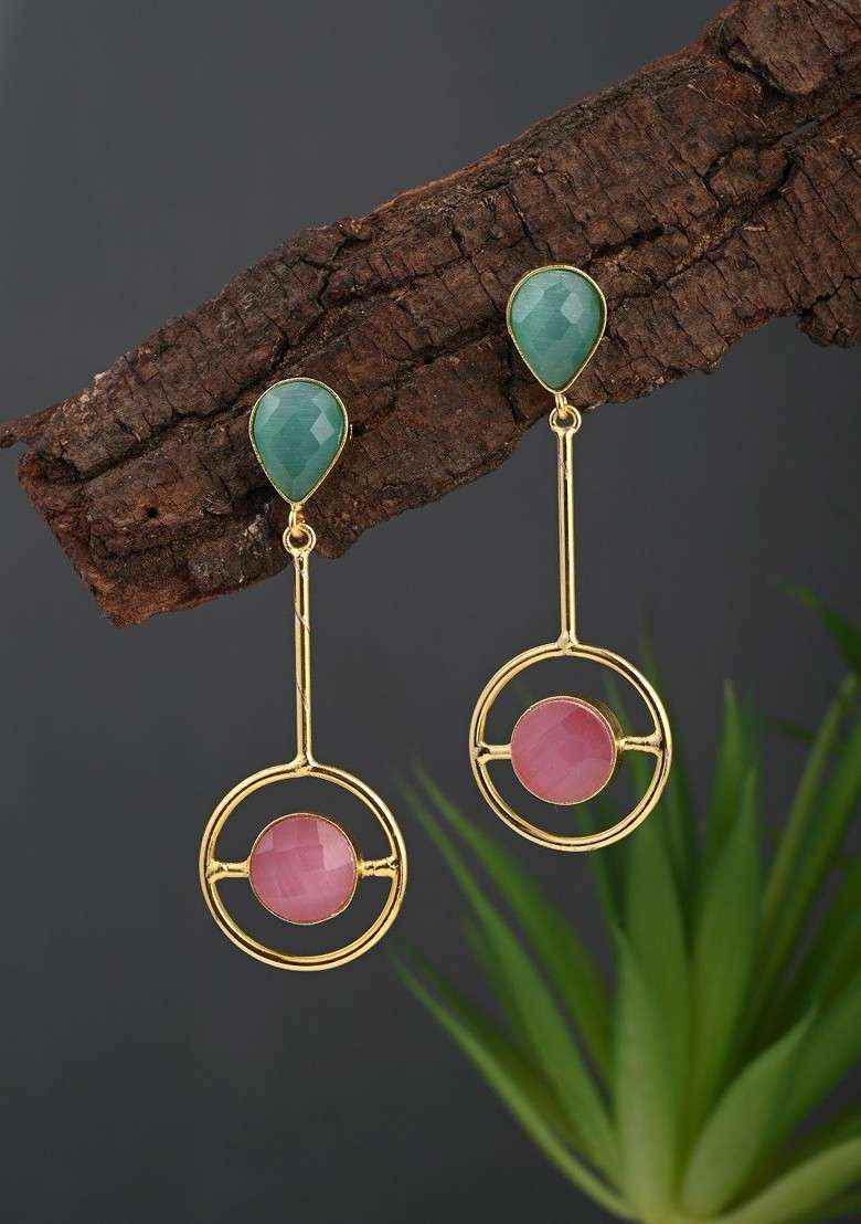 Gold Plated Artificial Stones Studded Circular Shaped Drop Earrings - Indya