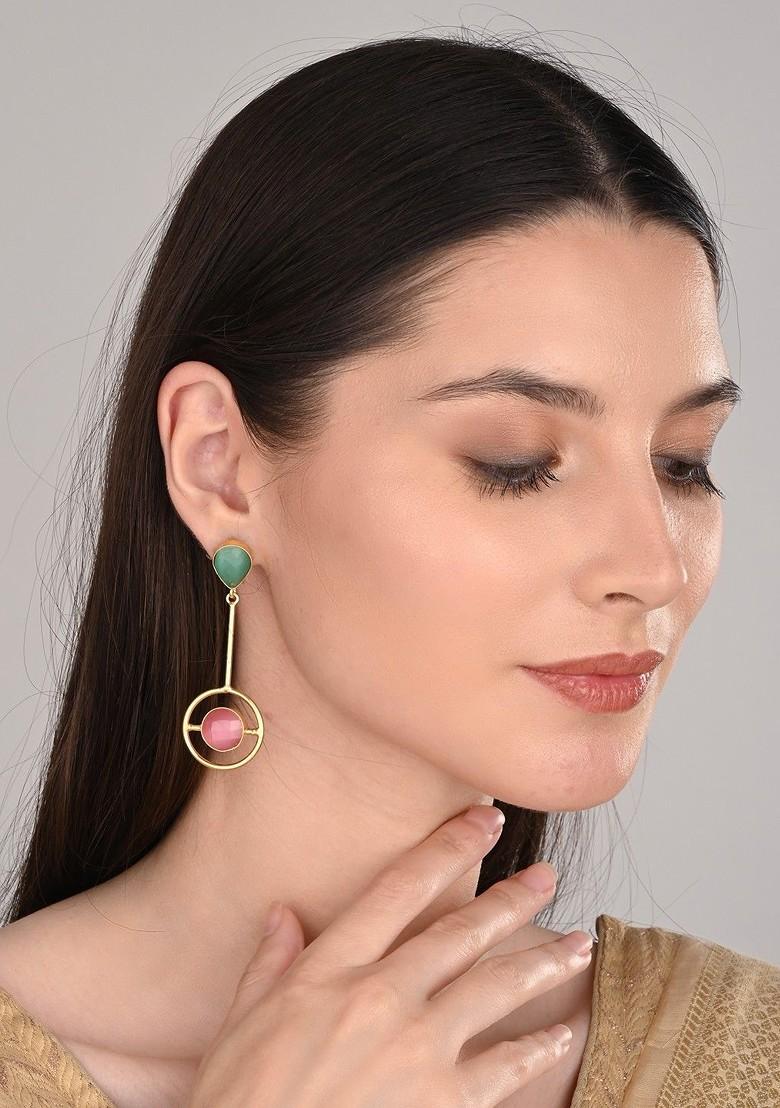 Gold Plated Artificial Stones Studded Circular Shaped Drop Earrings