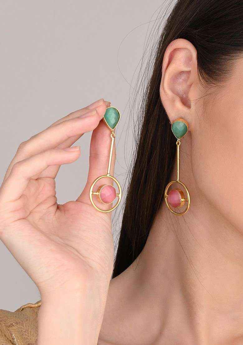 Gold Plated Artificial Stones Studded Circular Shaped Drop Earrings - Indya