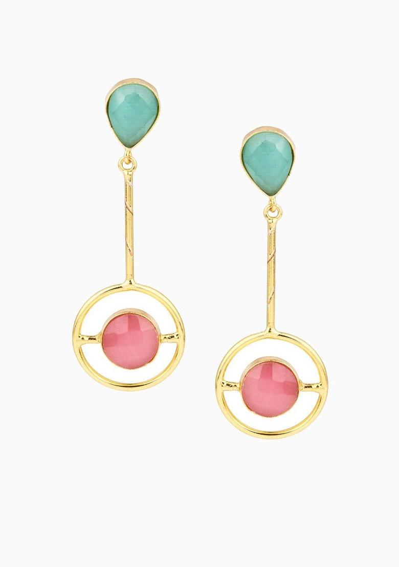 Gold Plated Artificial Stones Studded Circular Shaped Drop Earrings