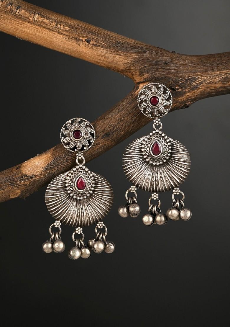 Silver Plated Artificial Stones Studded Contemporary Oxidised Drop Earrings