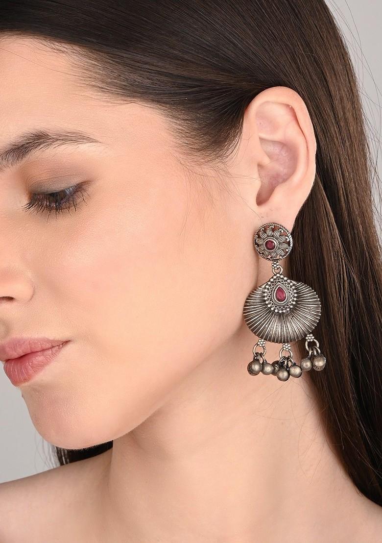 Silver Plated Artificial Stones Studded Contemporary Oxidised Drop Earrings