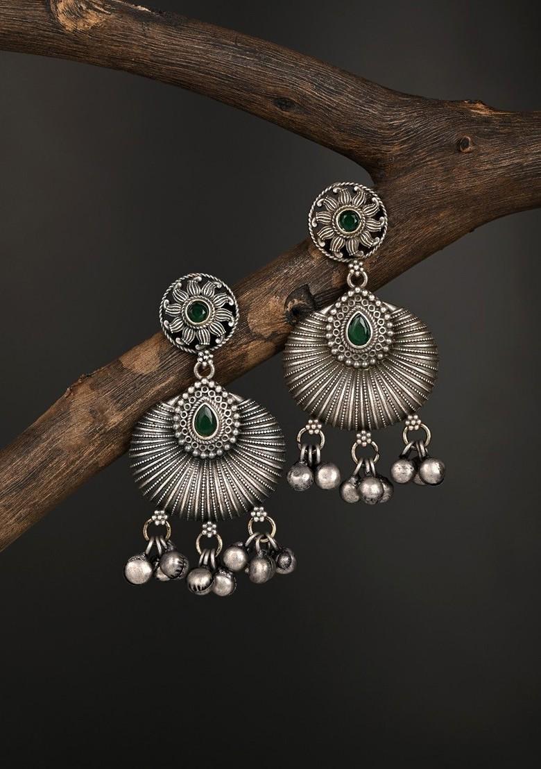 Silver Plated Artificial Stones Studded Oxidised Circular Drop Earrings
