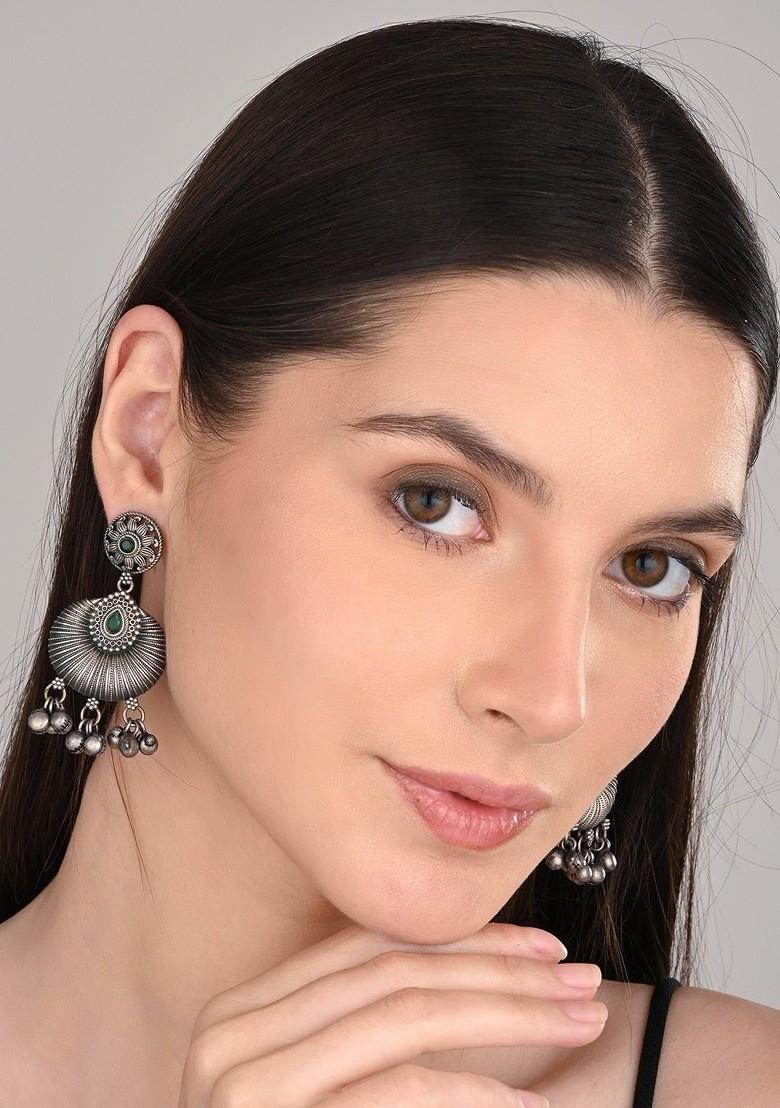 Silver Plated Artificial Stones Studded Oxidised Circular Drop Earrings