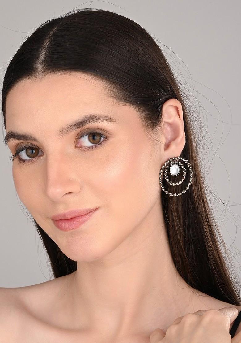 Silver Plated Pearls Studded Oxidised Circular Shaped Drop Earrings