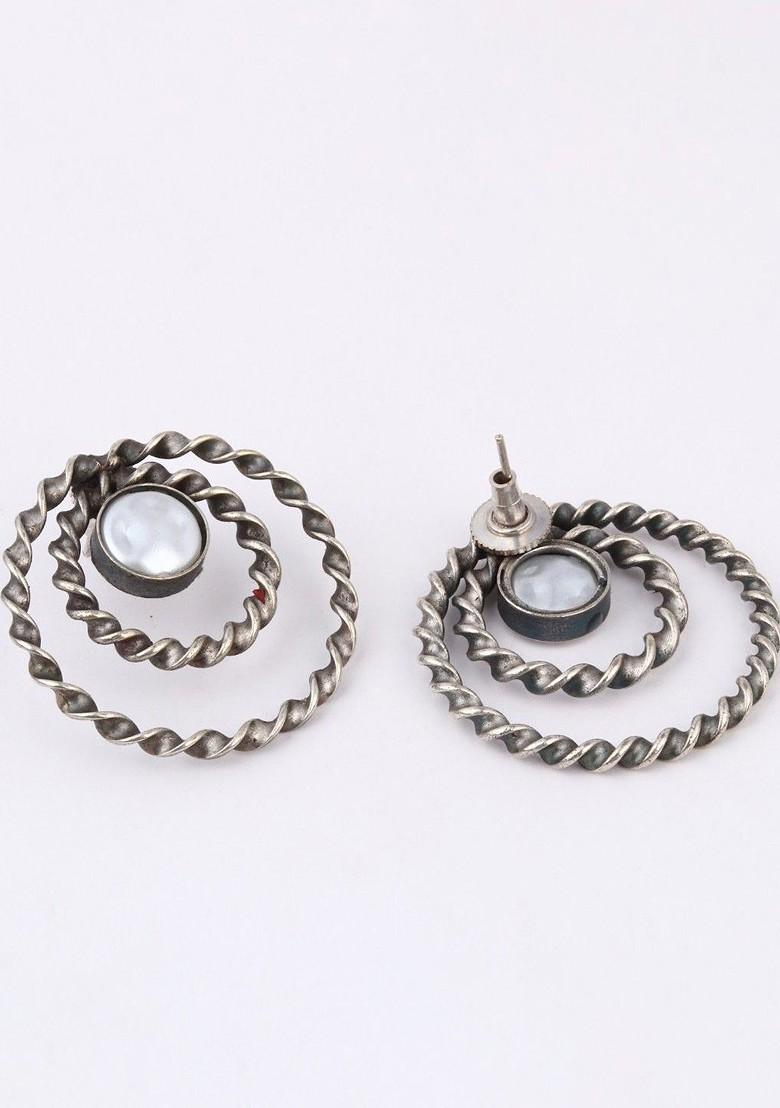 Silver Plated Pearls Studded Oxidised Circular Shaped Drop Earrings