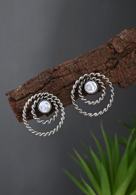 Silver Plated Pearls Studded Oxidised Circular Shaped Drop Earrings