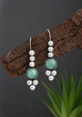 Silver Plated Artificial Stones Studded And Beaded Oxidised Contemporary Drop Earrings