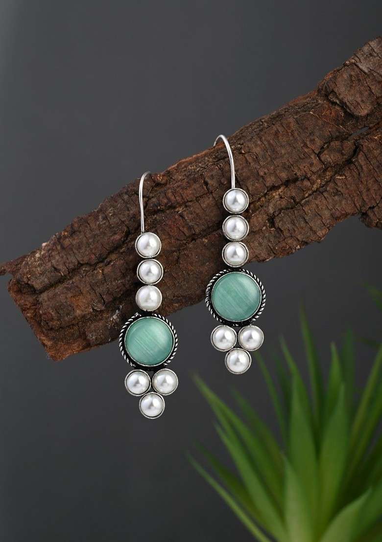 Silver Plated Artificial Stones Studded And Beaded Oxidised Contemporary Drop Earrings - Indya