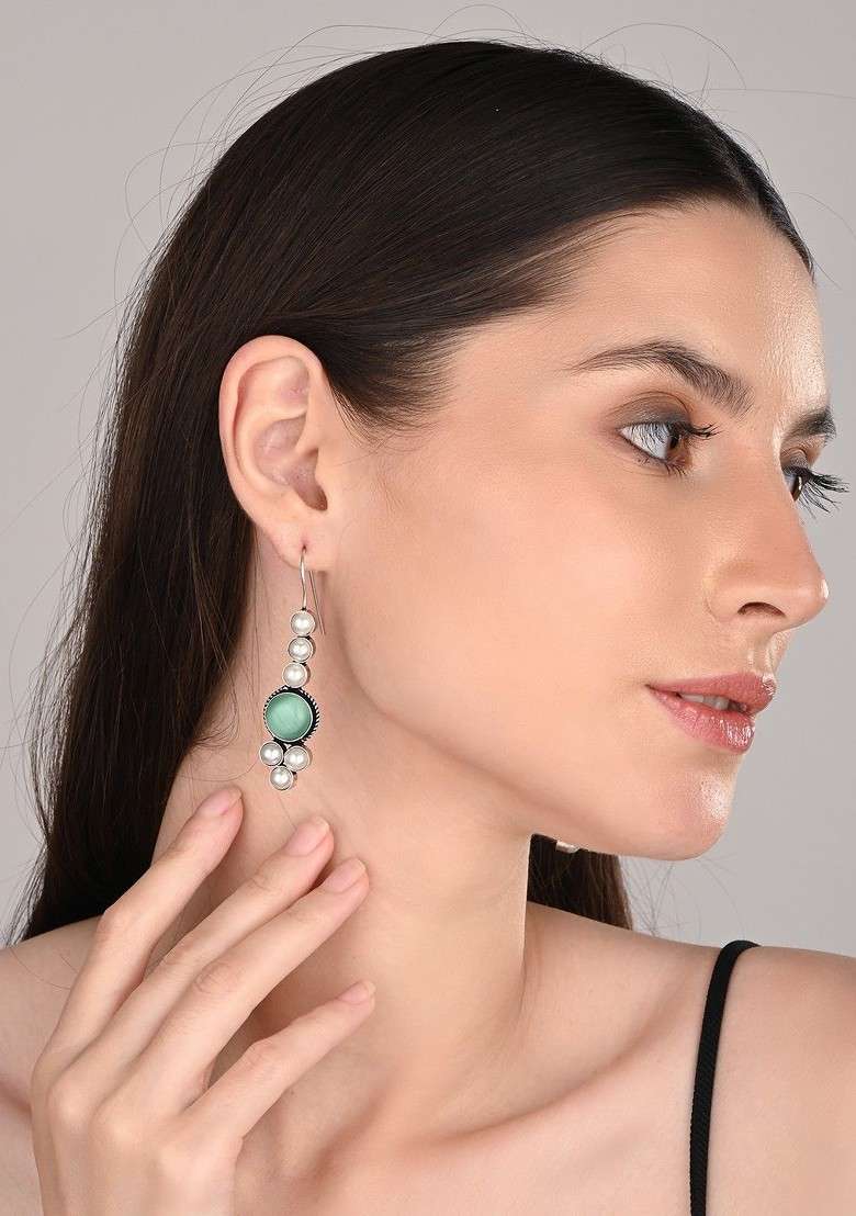 Silver Plated Artificial Stones Studded And Beaded Oxidised Contemporary Drop Earrings - Indya