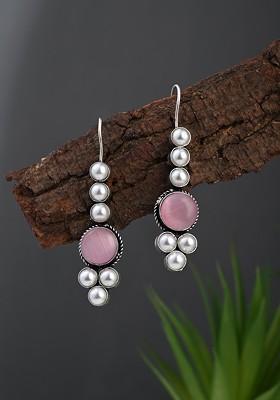 Silver Plated Artificial Stones Studded And Beaded Circular Shaped Drop Earrings