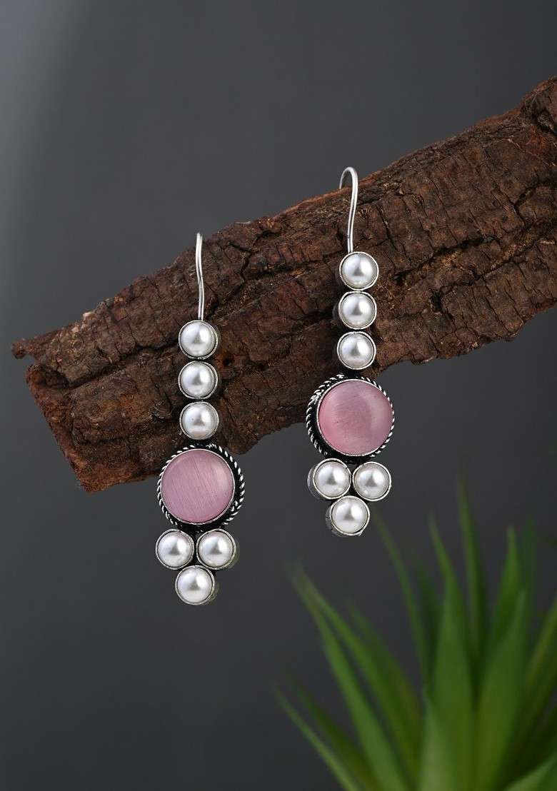 Silver Plated Artificial Stones Studded And Beaded Circular Shaped Drop Earrings - Indya