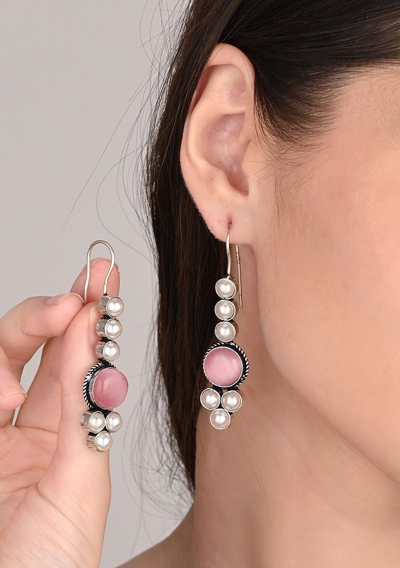 Silver Plated Artificial Stones Studded And Beaded Circular Shaped Drop Earrings