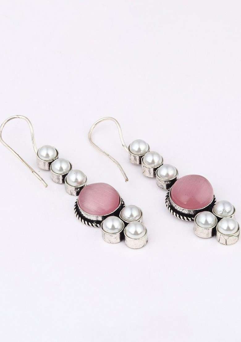 Silver Plated Artificial Stones Studded And Beaded Circular Shaped Drop Earrings - Indya